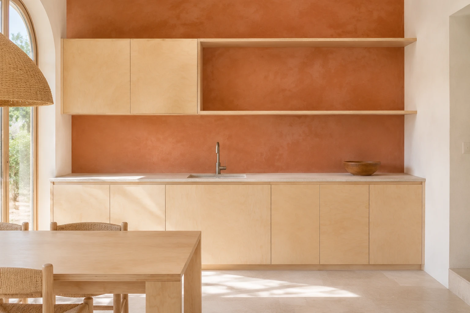 A calm kitchen with birch-faced plywood cabinet doors and an open plywood shelf against a terracotta plaster wall