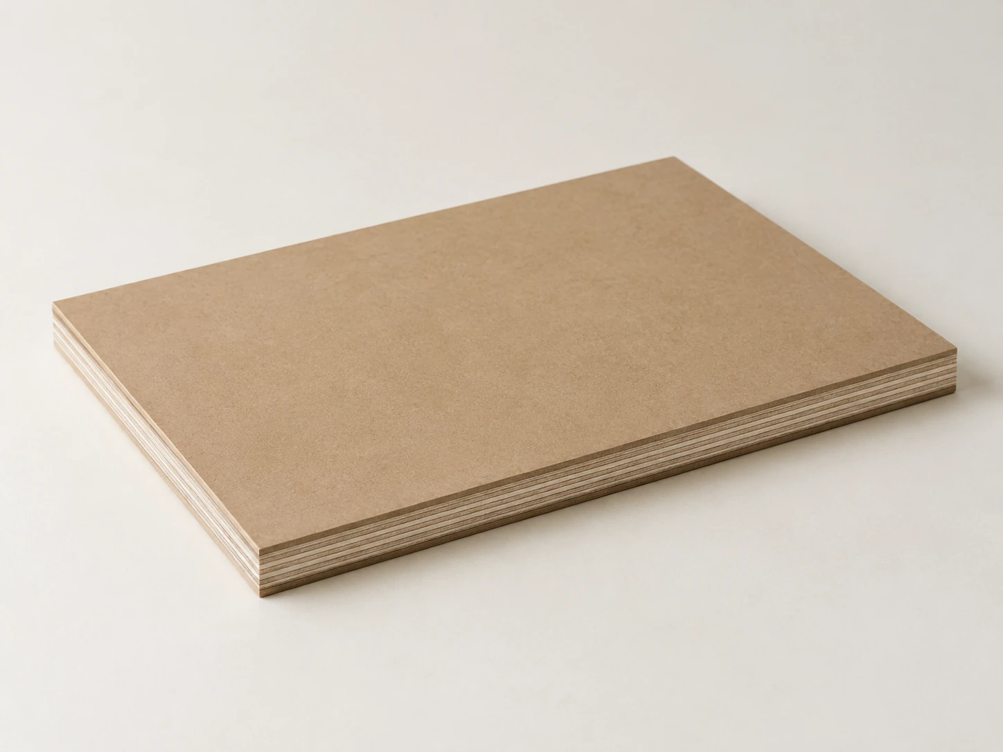 One MDF-faced plywood panel with a smooth light-brown MDF skin over a plywood core of thin pale layers
