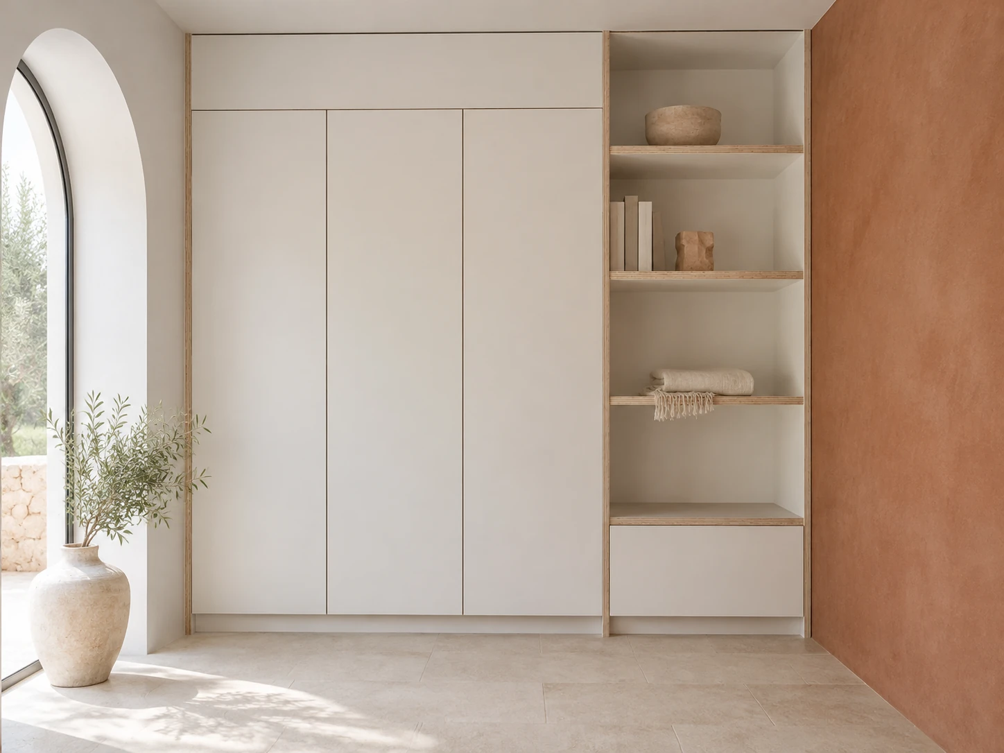 A built-in wardrobe and shelving wall in white melamine-faced plywood with pale exposed plywood edges