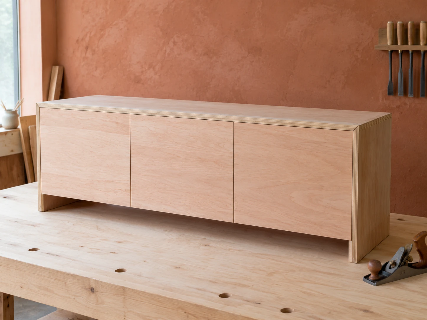 A low sideboard in okoume-faced plywood with mitred corners showing the layered edge, on a workbench