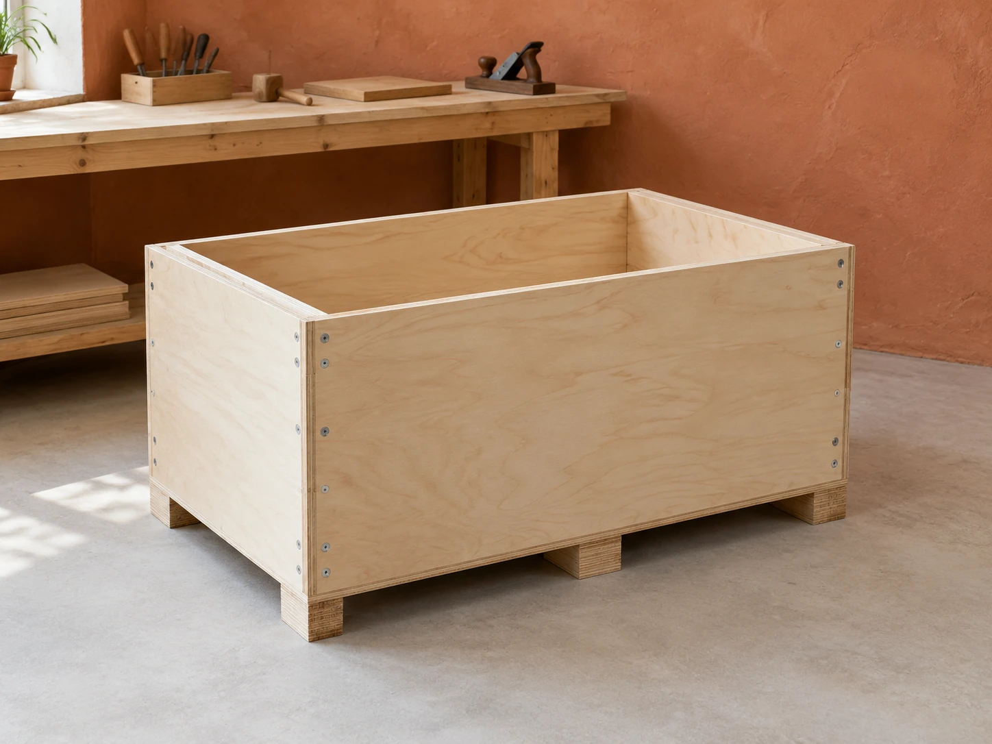 An open packing crate built from plain plywood panels with layered edges and screwed corners