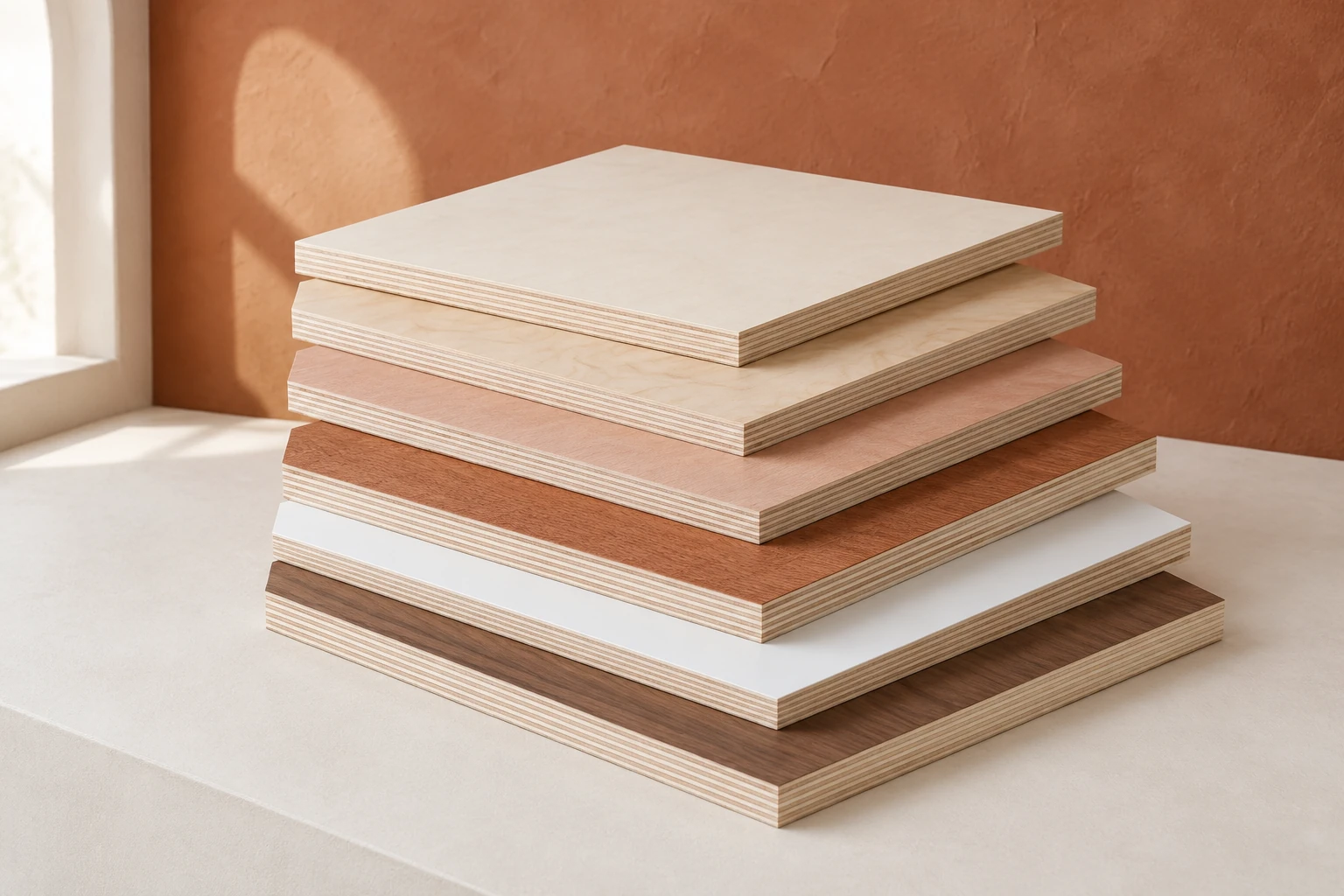 Six full-size plywood panels stacked like steps on a pale plinth: poplar, birch, okoume, bintangor, white melamine and walnut-look veneer faces, each edge showing thin veneer layers